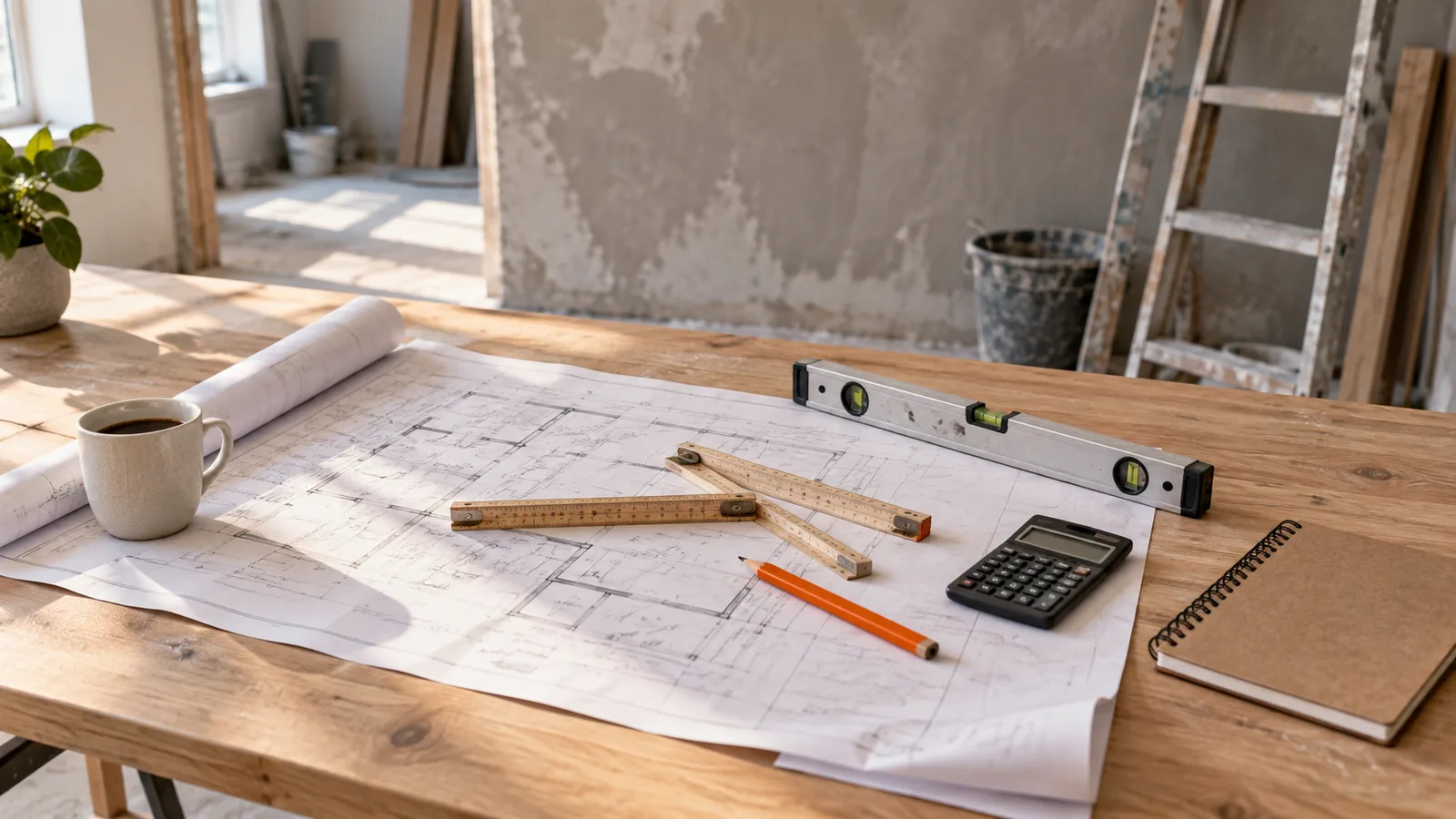 Plans de rénovation, mètre pliant et crayon sur une table de chantier