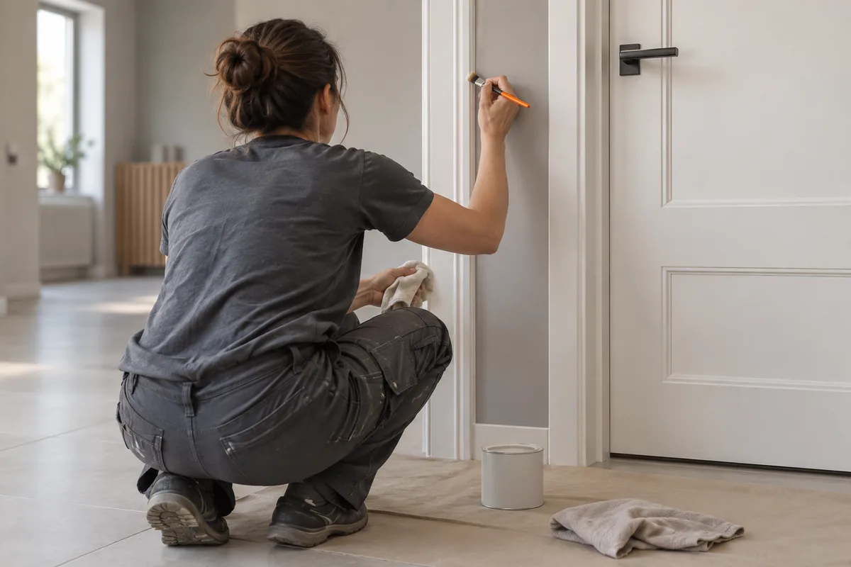 Détail de finition : main ajustant une plinthe sur un mur fraîchement peint