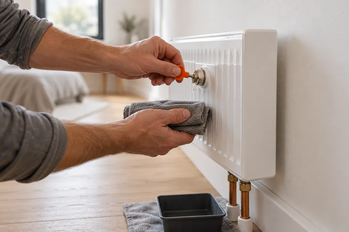 Mains d'un chauffagiste purgeant un radiateur avec une petite clé pendant un chantier