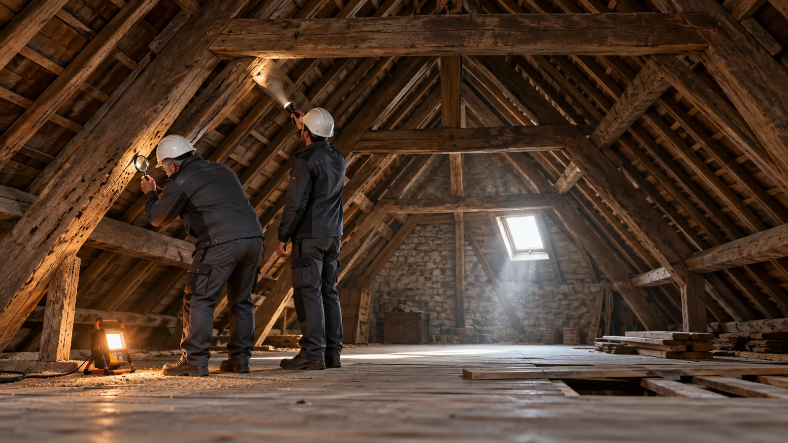 Charpente en bois vue de dessous dans un grenier, pannes et chevrons anciens