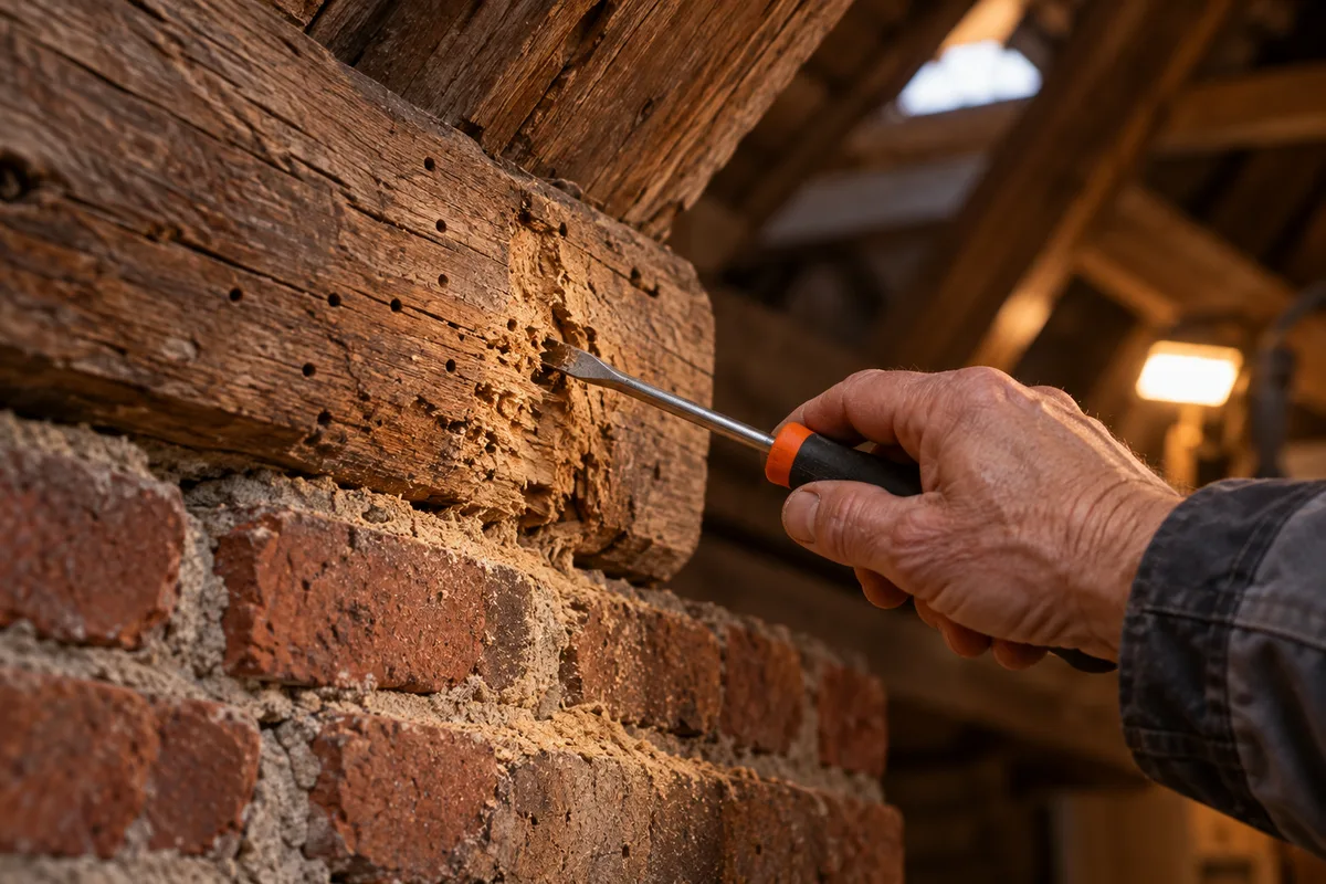 Main de charpentier sondant une poutre en bois avec un tournevis pour vérifier sa solidité