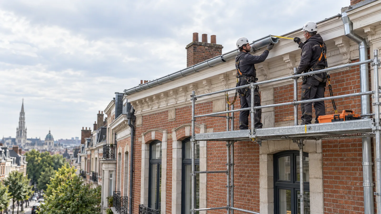 Gouttière en zinc posée sur la corniche d'une maison bruxelloise en briques, échafaudage en façade