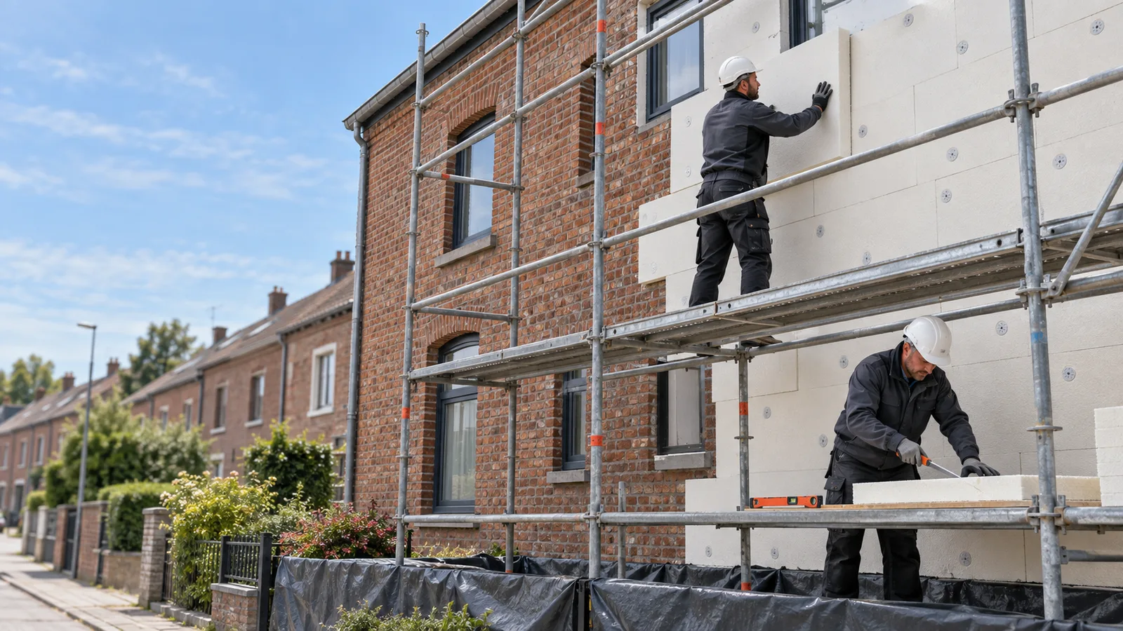 Pose de panneaux isolants sur une façade en briques, depuis un échafaudage
