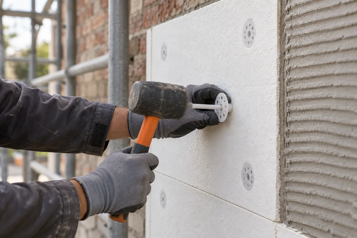 Fixation d'un panneau isolant sur un mur de façade à l'aide de chevilles