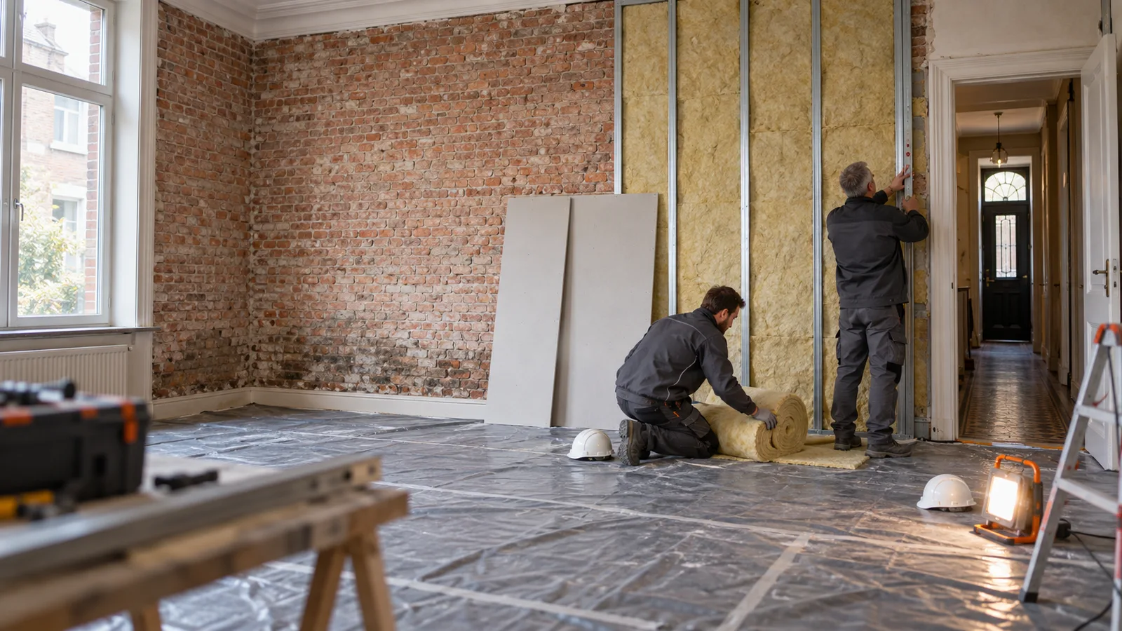 Mur intérieur d'une maison ancienne en cours d'isolation, ossature et isolant entre les montants