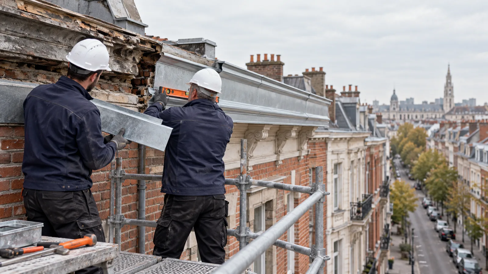 Corniche en zinc en cours de réfection sur un échafaudage, dans une rue bruxelloise