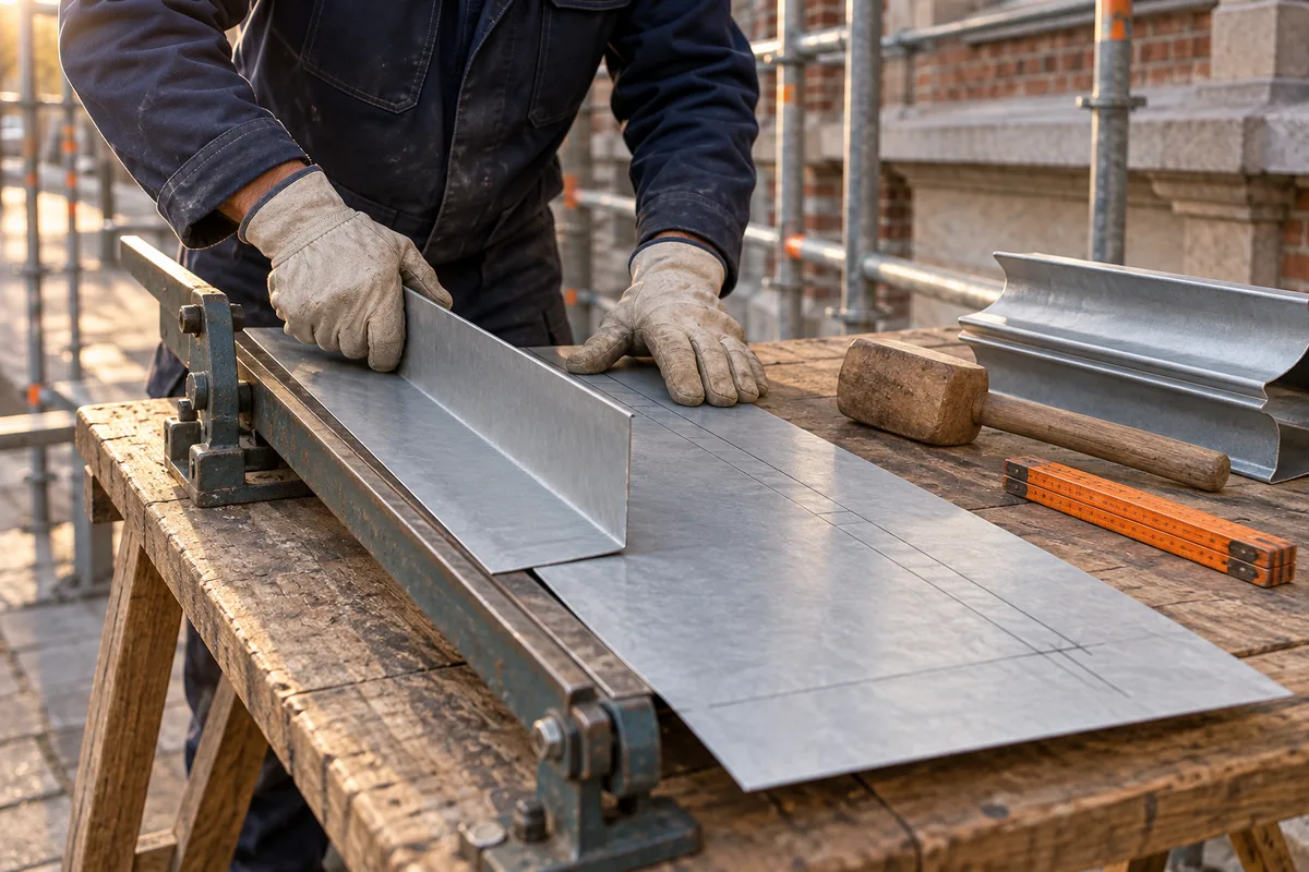 Mains d'un zingueur façonnant une feuille de zinc pour une corniche