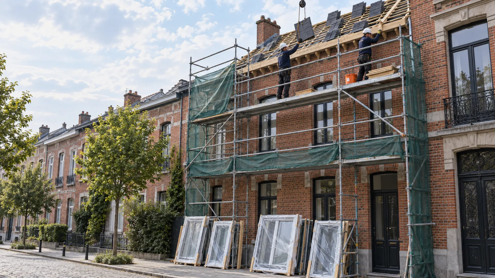 Maison bruxelloise en rénovation énergétique, échafaudage de façade et toiture en cours de réfection