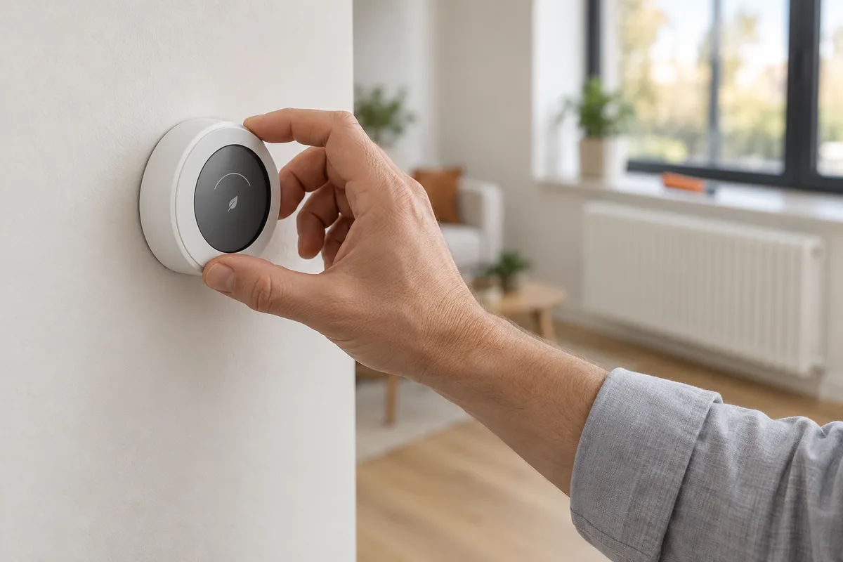 Main réglant un thermostat d'ambiance dans une pièce récemment rénovée