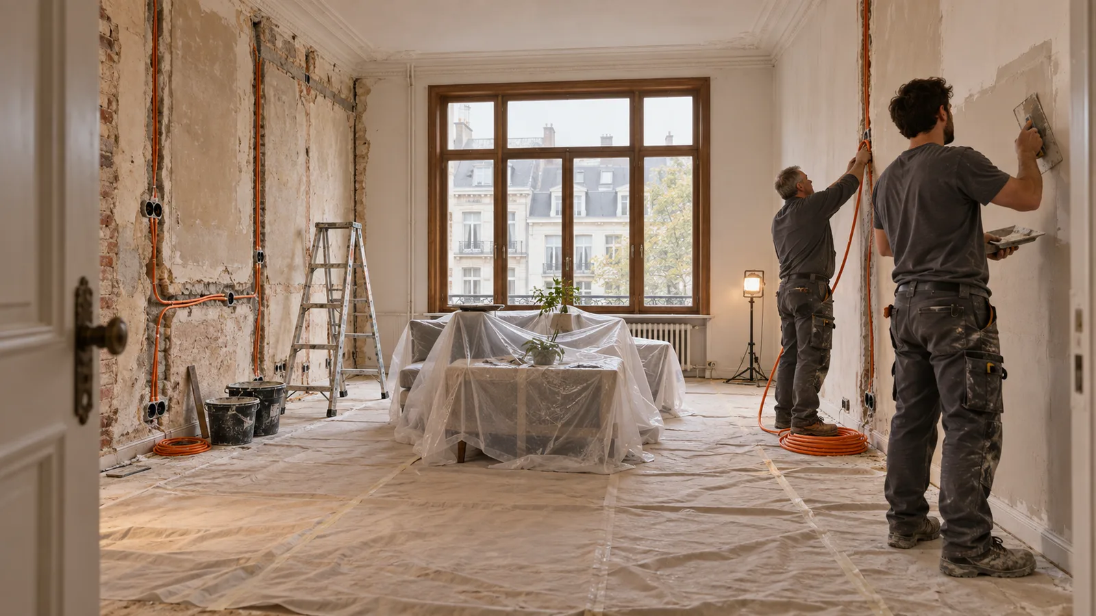 Salon d'appartement bruxellois en cours de rénovation, murs ouverts et meubles protégés