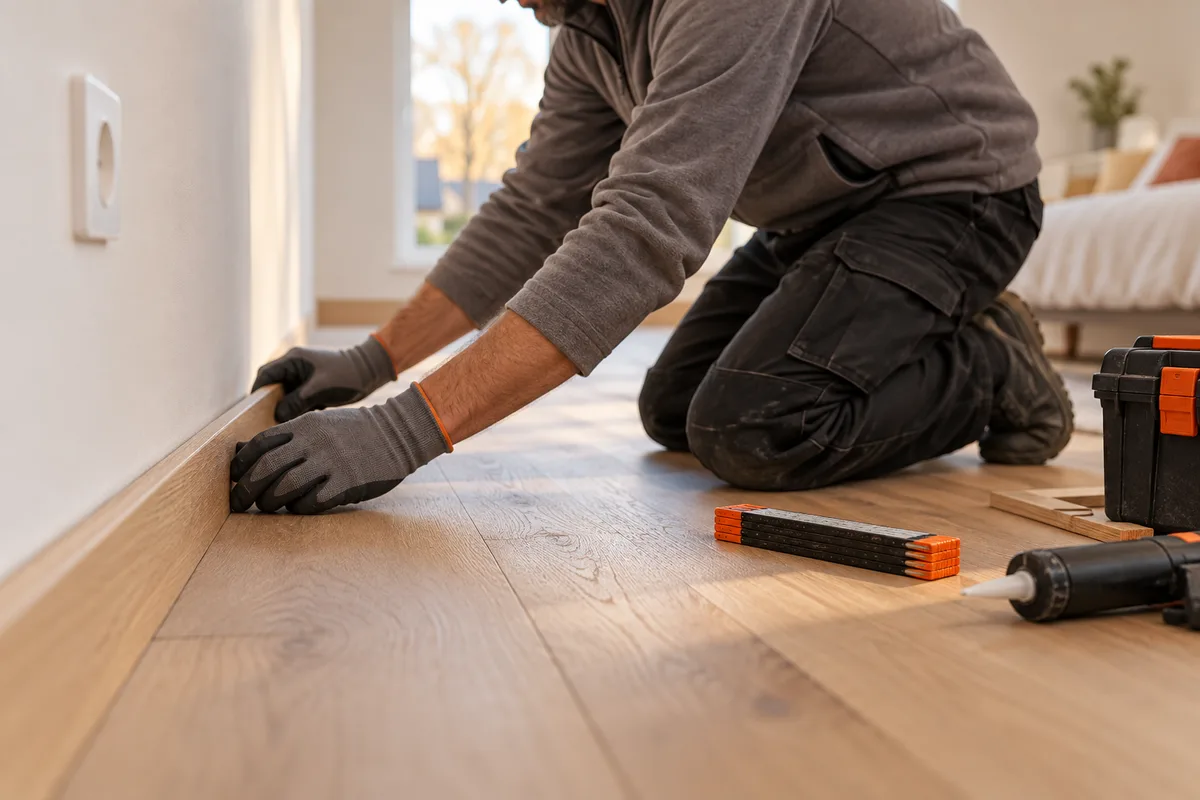 Ouvrier posant une plinthe dans un appartement rénové, parquet neuf et murs peints