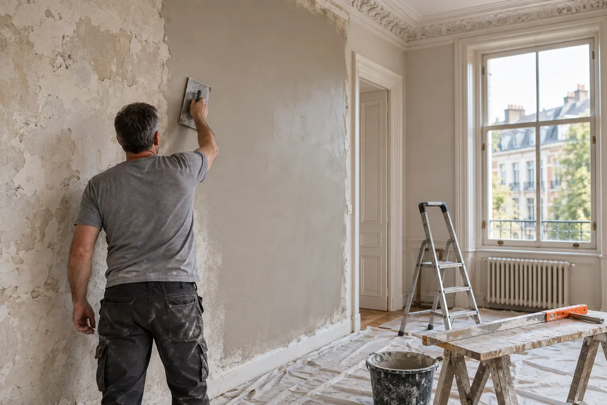 Plafonneur appliquant un enduit sur un mur intérieur d'une maison ancienne en rénovation
